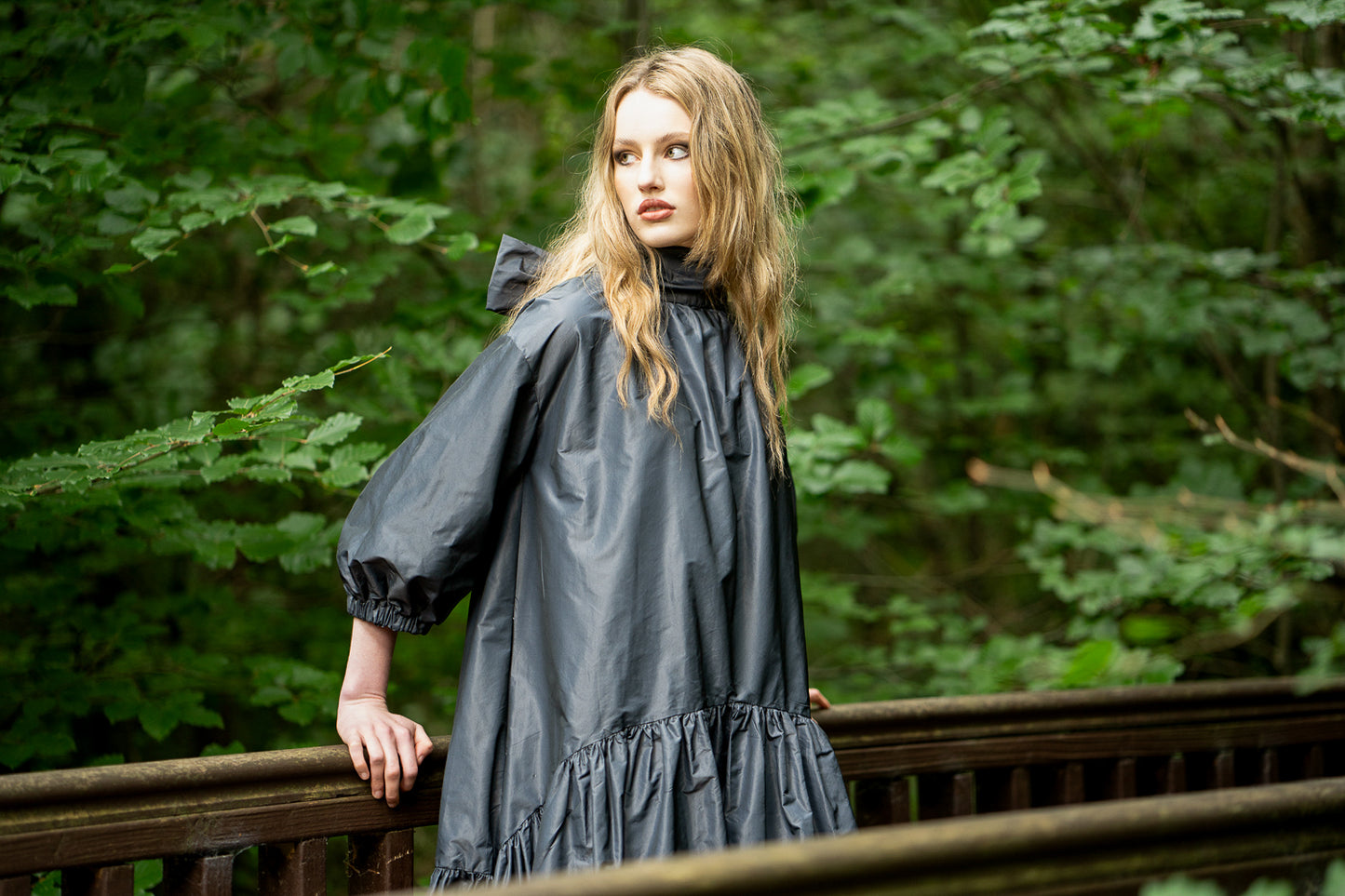 Taffeta Evening Dress with Frill, Ballon Sleeve and high neck by Roisin Linnane