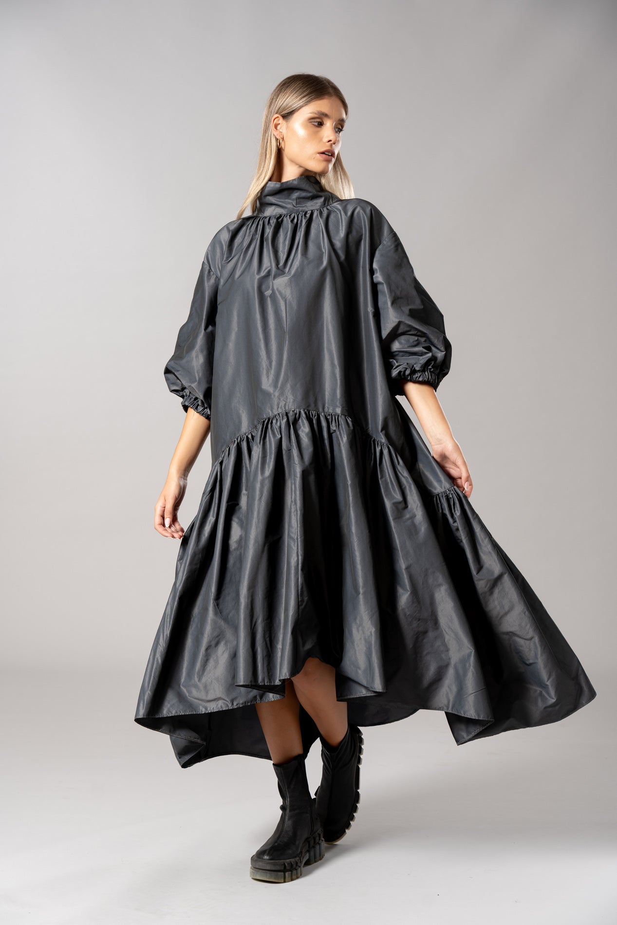 Taffeta Evening Dress with Frill, Ballon Sleeve and high neck by Roisin Linnane