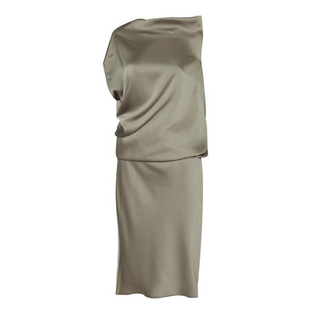 High cowl neck blouson asymmetric knee dress